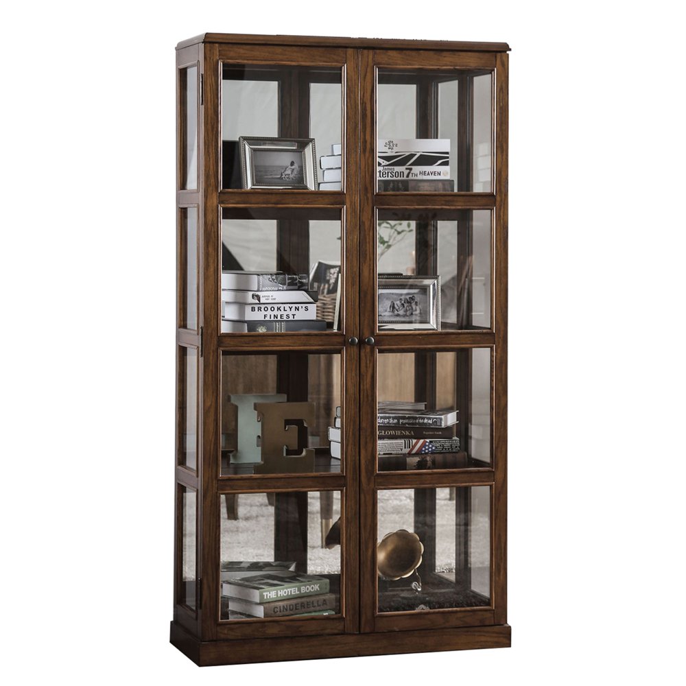Transitional Wooden Curio with Two Glass Doors and Four Shelves