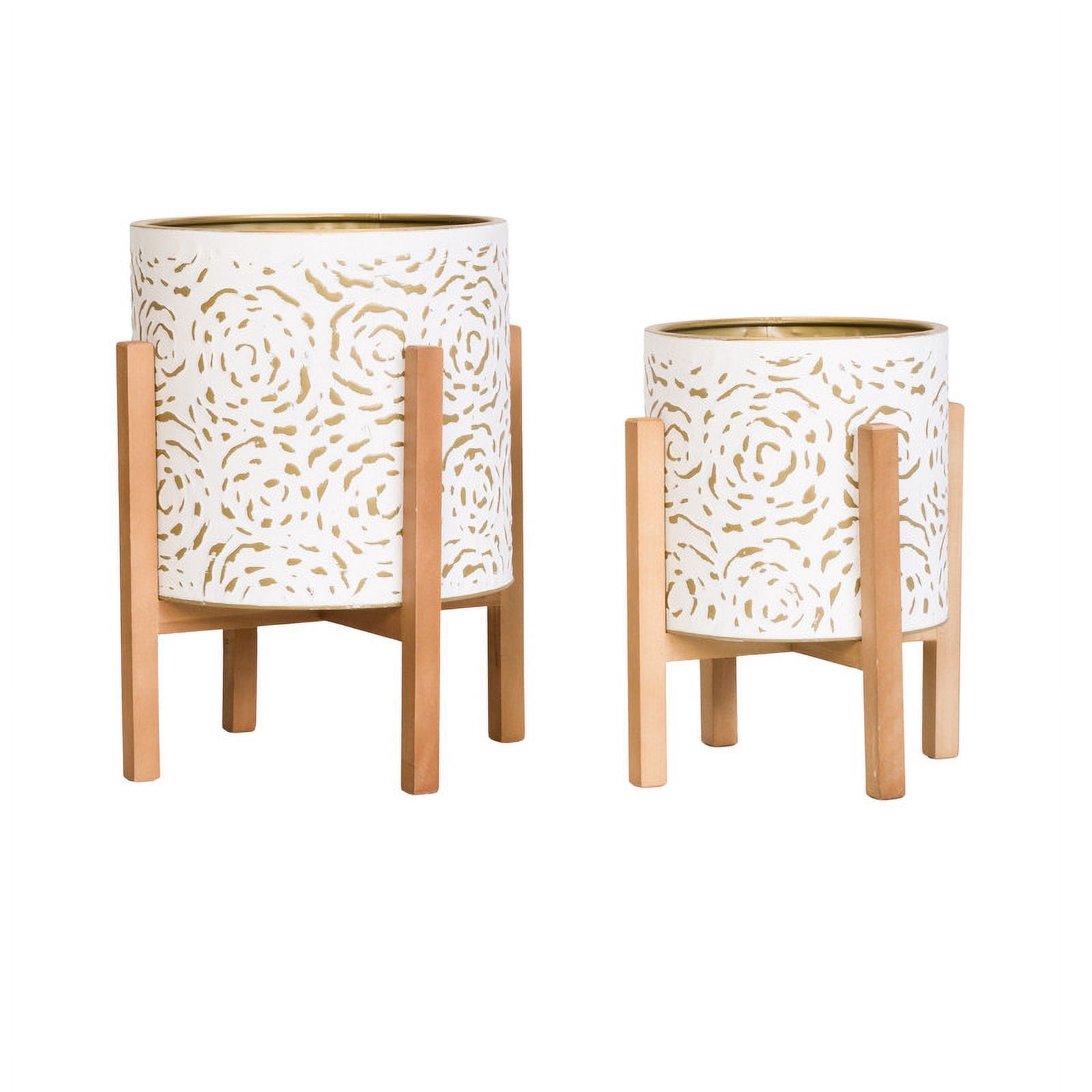 2-Piece Floral Metal Planter Pot With 4-Leg Wood Base - White & Gold - 14.75"H x 12"W / 12"H x 10"W