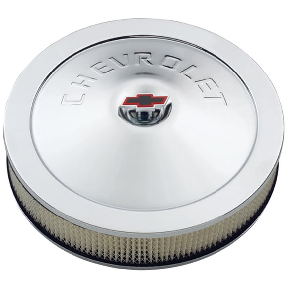 Proform Pièces Ensemble de Purificateur d'Air 141-302 Carburateur 4 Barils; Bride 5.125 Pouces; Diamètre 14 Pouces X Hauteur 3 Pouces; Rond; Chromé; Acier; Logo Chevrolet; avec Filtre à Air de 3 Pouces de Hauteur