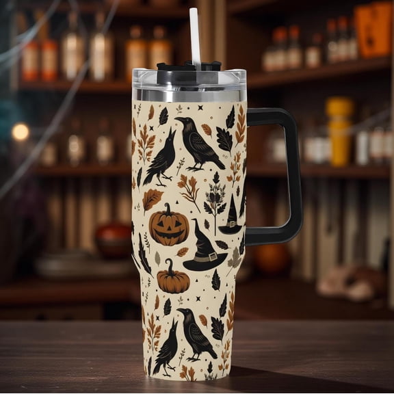 Raven Pumpkin Halloween Handle Tumbler 40oz with Lid and Reusable Straw, Stainless Steel Insulated Travel Mug for Hot and Cold Drinks, Cup Holder Friendly Gift for Women Men, Home Work Travel