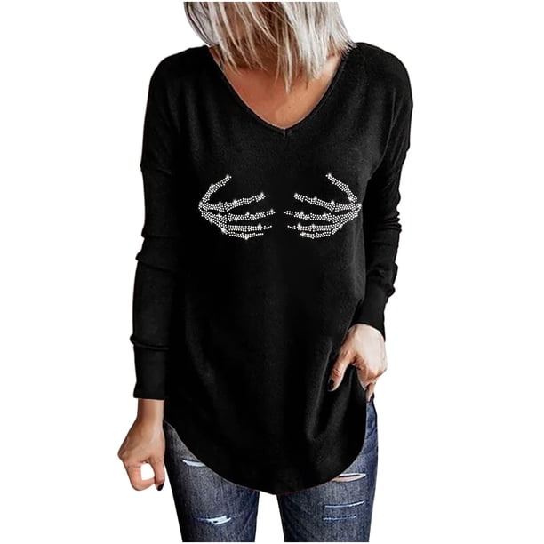 Camiseta de manga larga con cuello en V para mujer, blusa de lentejuelas brillantes, Tops tipo túnica Fridja FKASFK4581