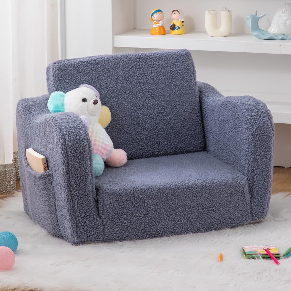 Toddler Baby Chair Couch Sofa Kids Foldable 2-in-1 Sherpa Fold Out Couch Bed Toddler Chairs Comfy for Boys & Girls Convertible Kids Furniture Lounge Chair for Playroom with Double Pockets, Dark Camel