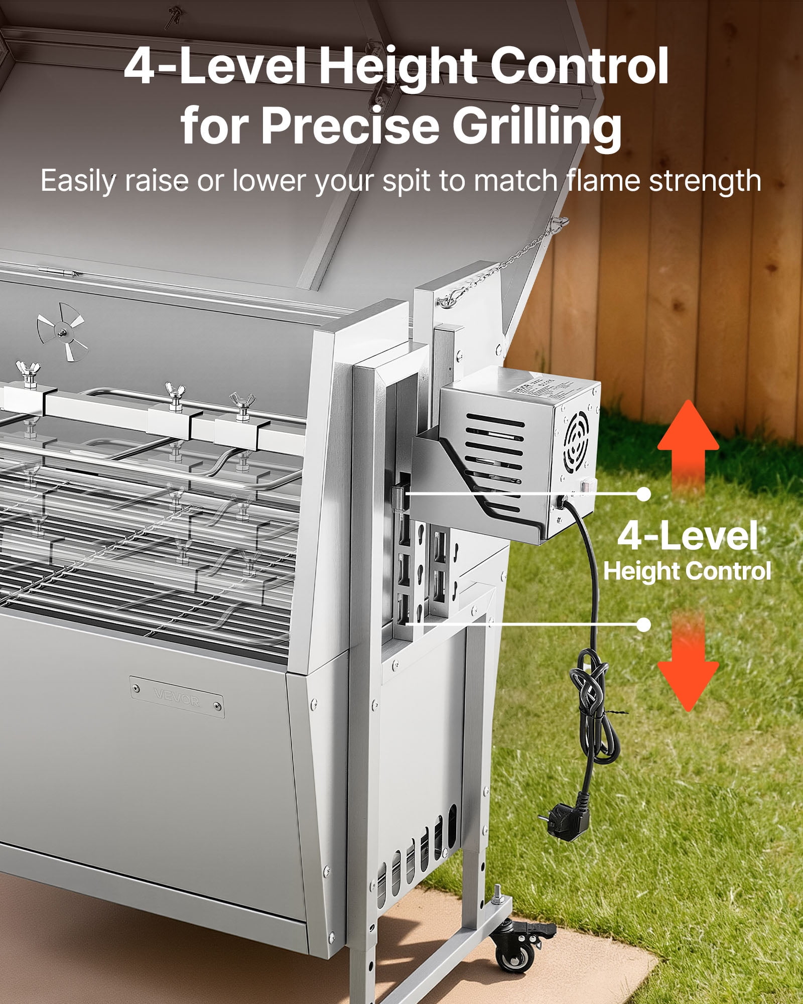 VEVOR Rotisserie Grill, 38W BBQ Outdoor Pig & Lamb Spit Roaster, Charcoal Spit Roaster with 132 LBS Capacity, Wheels & 4-Level Height, Stainless Steel Rotisserie Grill Kit for Camping Outdoor Parties