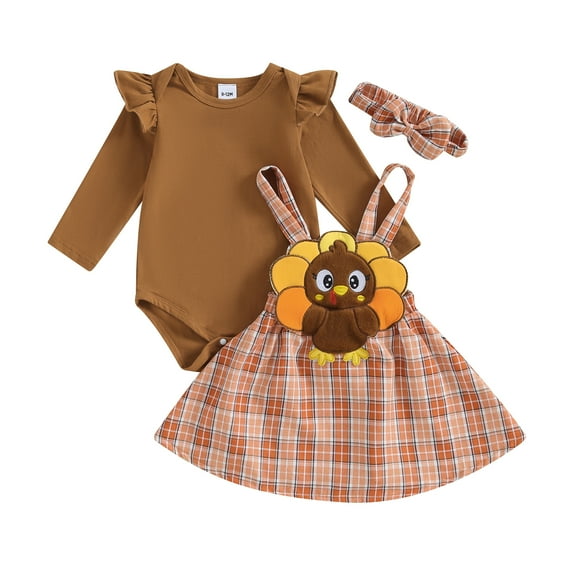 Elippeo Autumn Baby Girls Skirt Outfits 3M 6M 9M 12M 18M Thanksgiving Long Sleeve Romper Suspender Plaid Skirt Clothes Set