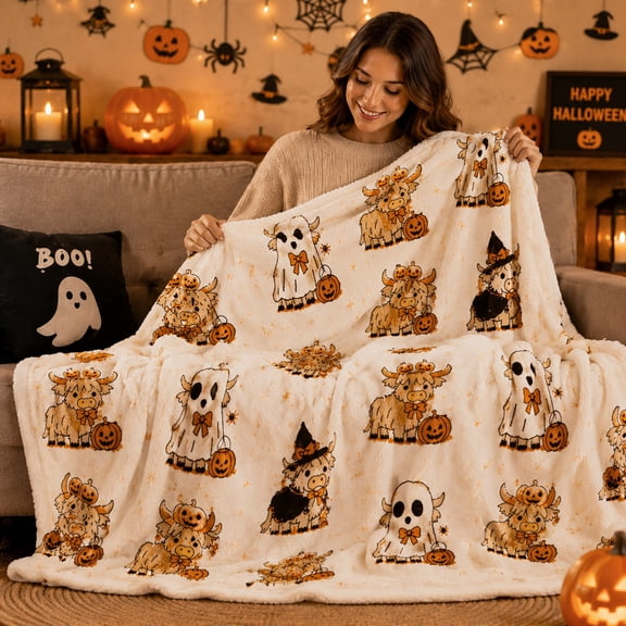 DAMAI Halloween Throw Blanket - Ghost Highlands Cow Flannel Blanket, Soft Light Weight Cozy Bed Couch Cover, Halloween Theme Blanket For Sofa Bedroom Camping Farmhouse Home Decor
