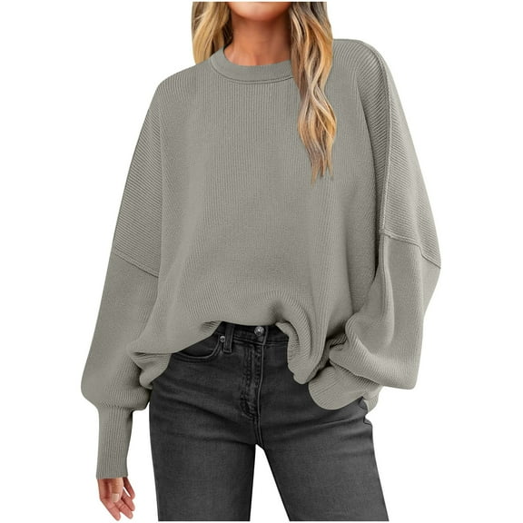 qelini Sweaters for Women Plus Size Pullover Knitted Sweaters Solid Crewneck Long Sleeve Tops Dressy Comfortable Blouses