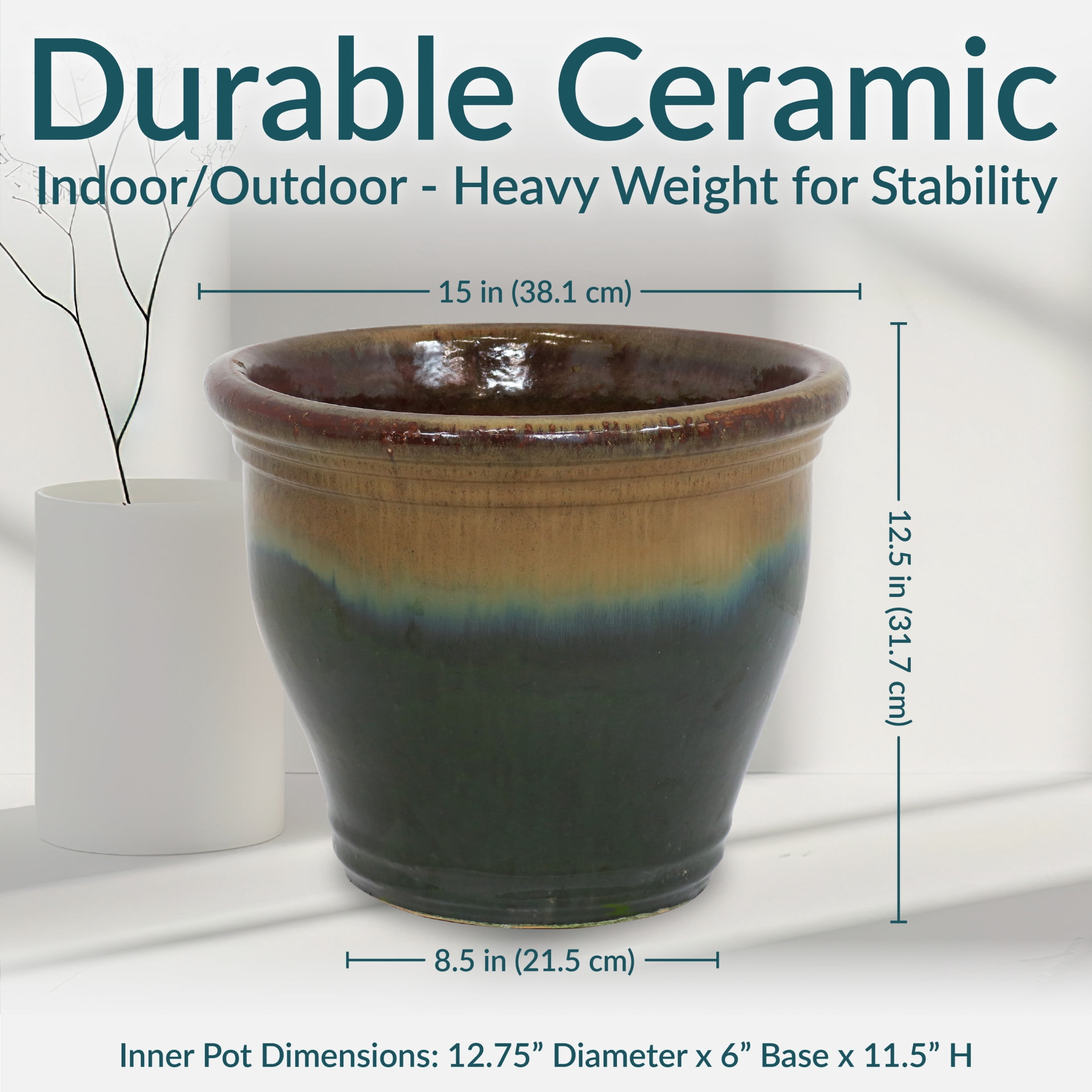 Sunnydaze Studio 15" x 15" x 12.5" Round Forest Lake Green Ceramic Outdoor Planter