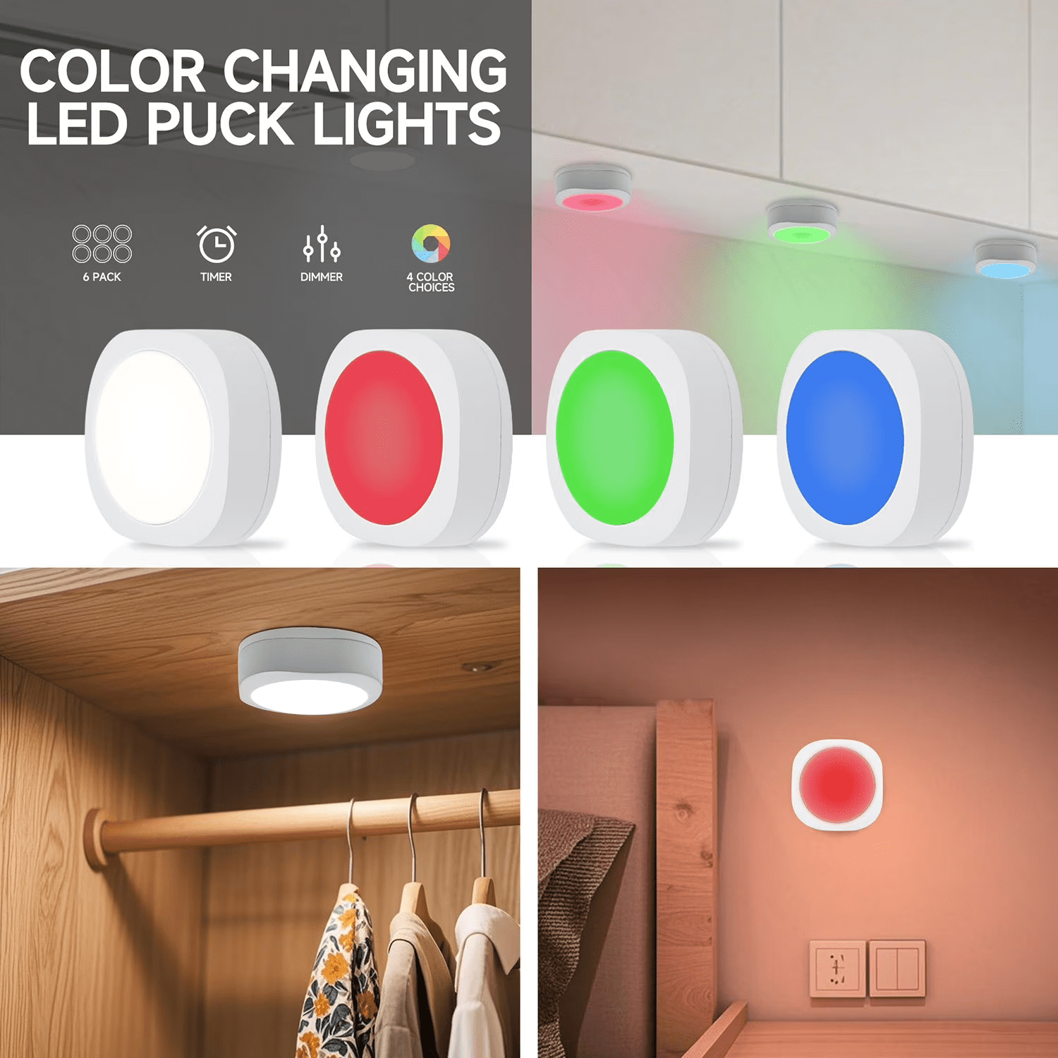 Cedar Hill Tap Light,LED Puck Lights 100 Lumens with Remote Control,Wireless Touch Light Under Cabinet,Night Light for Closet, Bedroom, Wall, Classroom