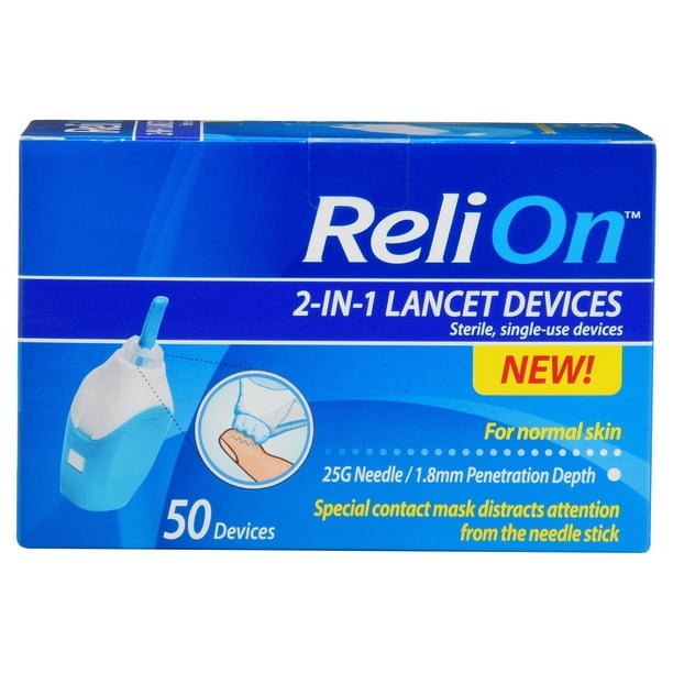 ReliOn 25 Gauge Needle 2In1 Lancing Device for Normal Skin, 50 ct