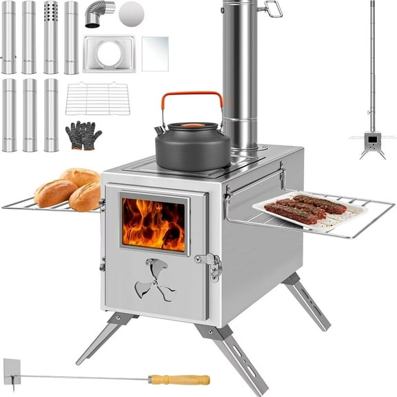 Lilypelle Portable Wood Stove Camping Hot Tent BBQ Stove with 7 Chimney Pipe for Tents, Travel, Camping