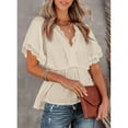 thumbnail image 2 of Ruffle Short Sleeve V Neck Blouse Crochet Lace Trim Elastic Waist Peplum Back Tie for Daily Work Shopping Date, 2 of 5