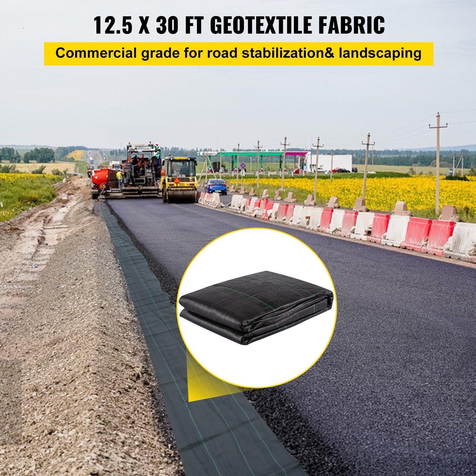 3.5oz Woven Geotextile Fabric, 12.5FT x 30FT, Heavy Duty Weed Barrier, Driveway Underlayment for Drainage, Landscaping & Erosion Control, Black