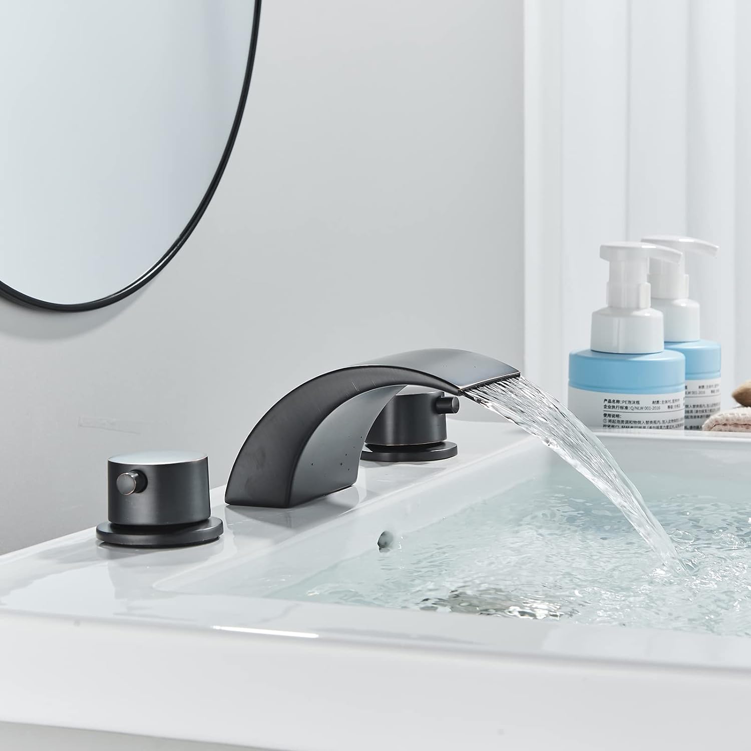 Zovajonia 3 Hole Bathroom Faucet Dual Crystal Knobs Vanity Basin LED Sink Faucet Mixer Bronze Bath Faucets ,Widespread bathroom faucets for sink 3 hole Waterfall Tub Faucet Oil Rubbed Bronze