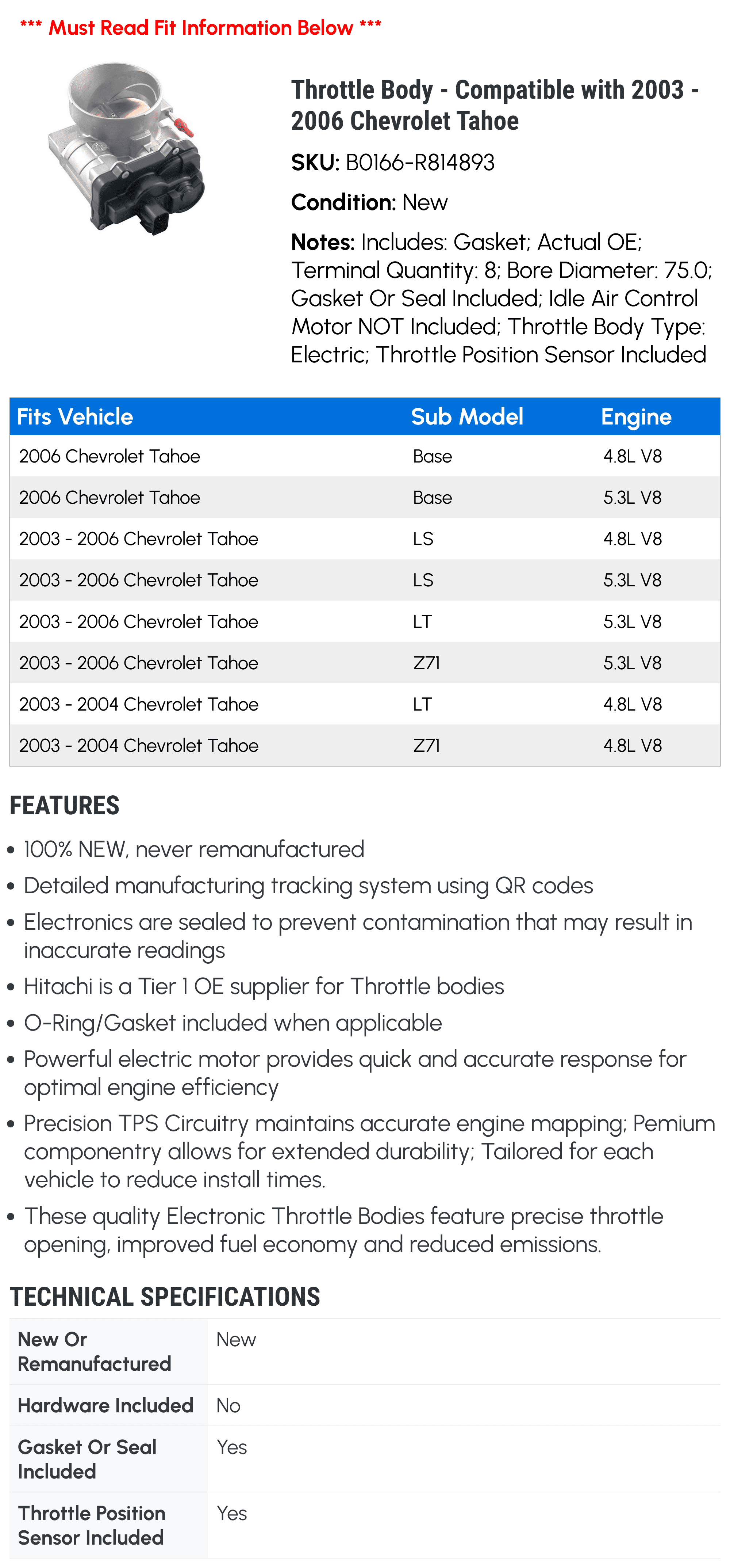 Throttle Body - Compatible with 2003 - 2006 Chevy Tahoe 2004 2005