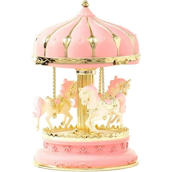 LED Light Carousel Musical Box Luminous Rotating 3-Horse Carousel Horse Music Box(Pink)