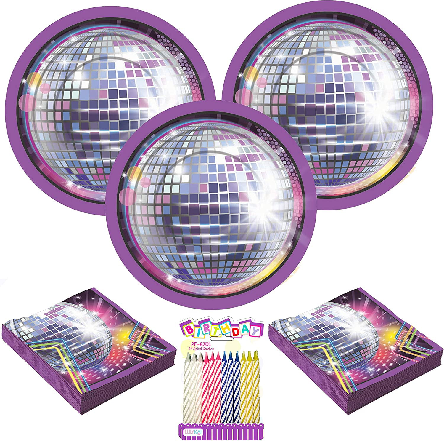 Dessert Plates Bundle for 16 Disco Fever 70s Party Supplies Pack Serves 16 Beverage Napkins Cups and Table Cover with Birthday Candles