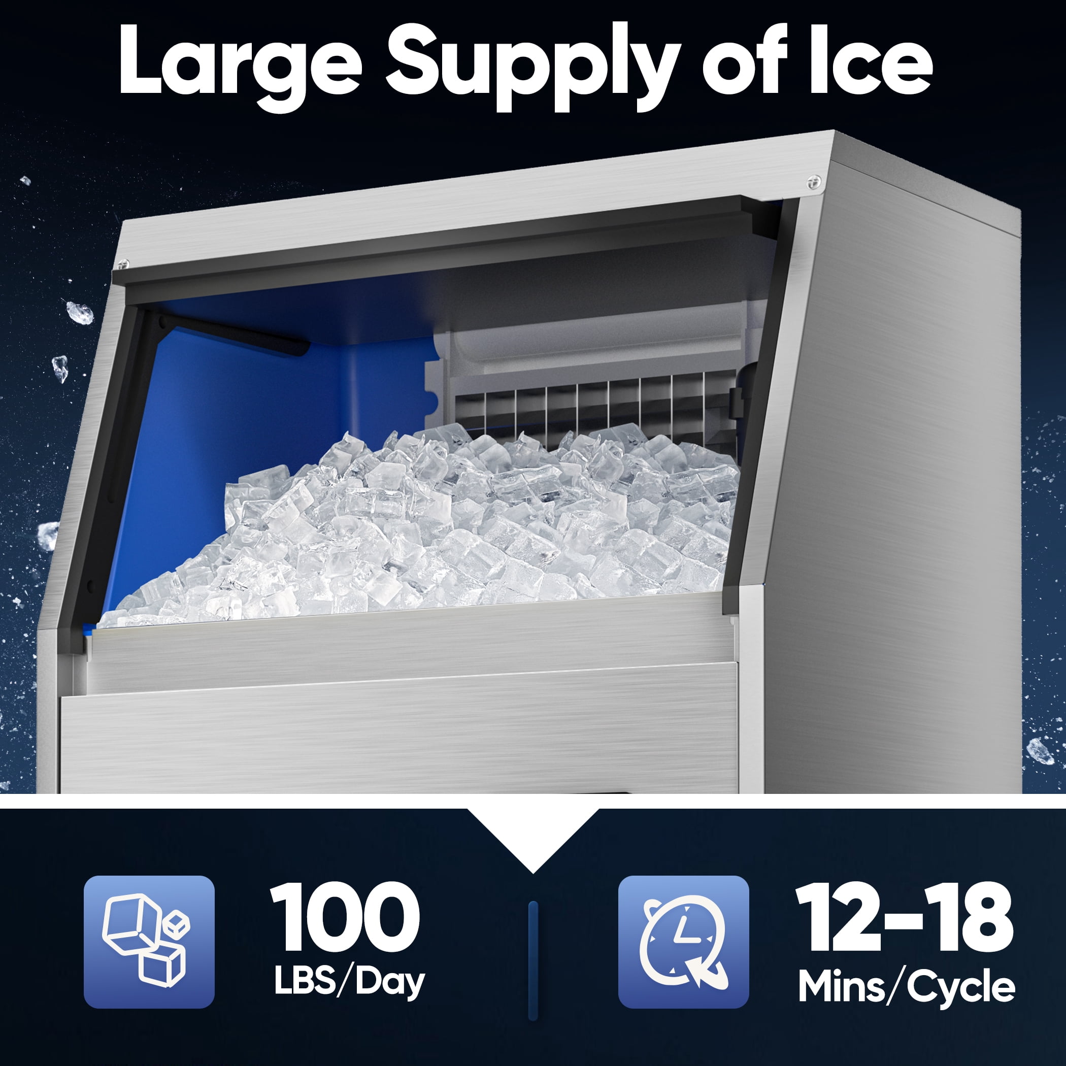 Coolski Commercial Ice Maker, 100 lbs/24H Under Counter Ice Machine, 34 lbs Bin
