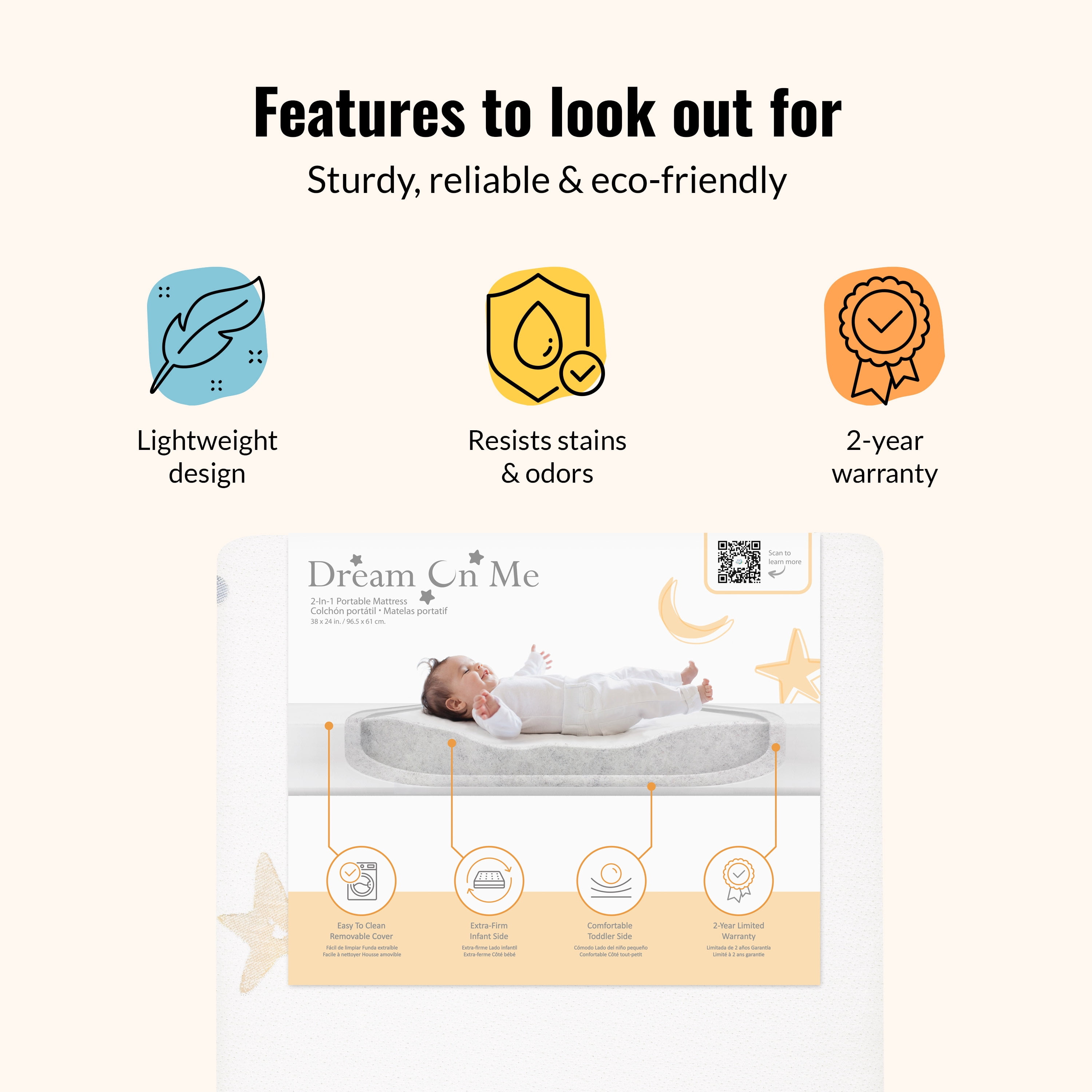 Dream On Me Moonlight Bright Mini/Portable Crib Mattress in White/Blue (Stars, moon, planets)