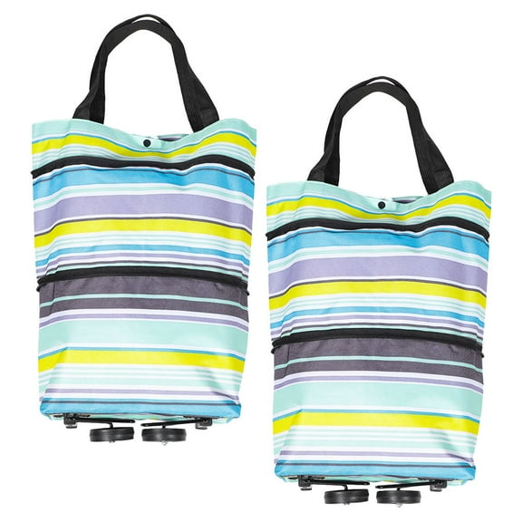 PENIKOKO 2-Pack Striped Rectangular Rolling Tote Bags Portable Shopping Cart with Wheels