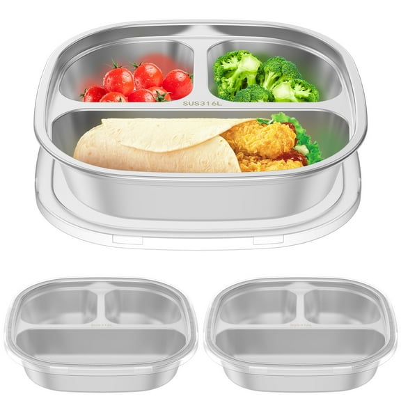 3 Pcs Stainless Steel Kid Plate with Transparent Lid and 3 Compartments Stackable Toddler Dish Reusable Baby Plate for Home Travel and Daycare