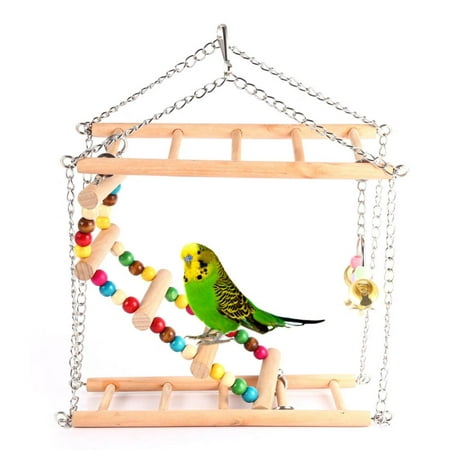 Knifun  Pet Hanging Ladder Wooden Suspension Bridge Steps Stairs Climbing Swing Double-Layer Toys for Bird Parakeet Hamster Budgie Cockatiel Parrot Hammock Cage