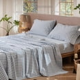 thumbnail image 3 of MooMee Gingham Sheet Set 100% Washed Cotton Linen Like Textured Extra Deep Pocket Breathable Lightweight 4-Piece (Cornflower Blue, King), 3 of 8