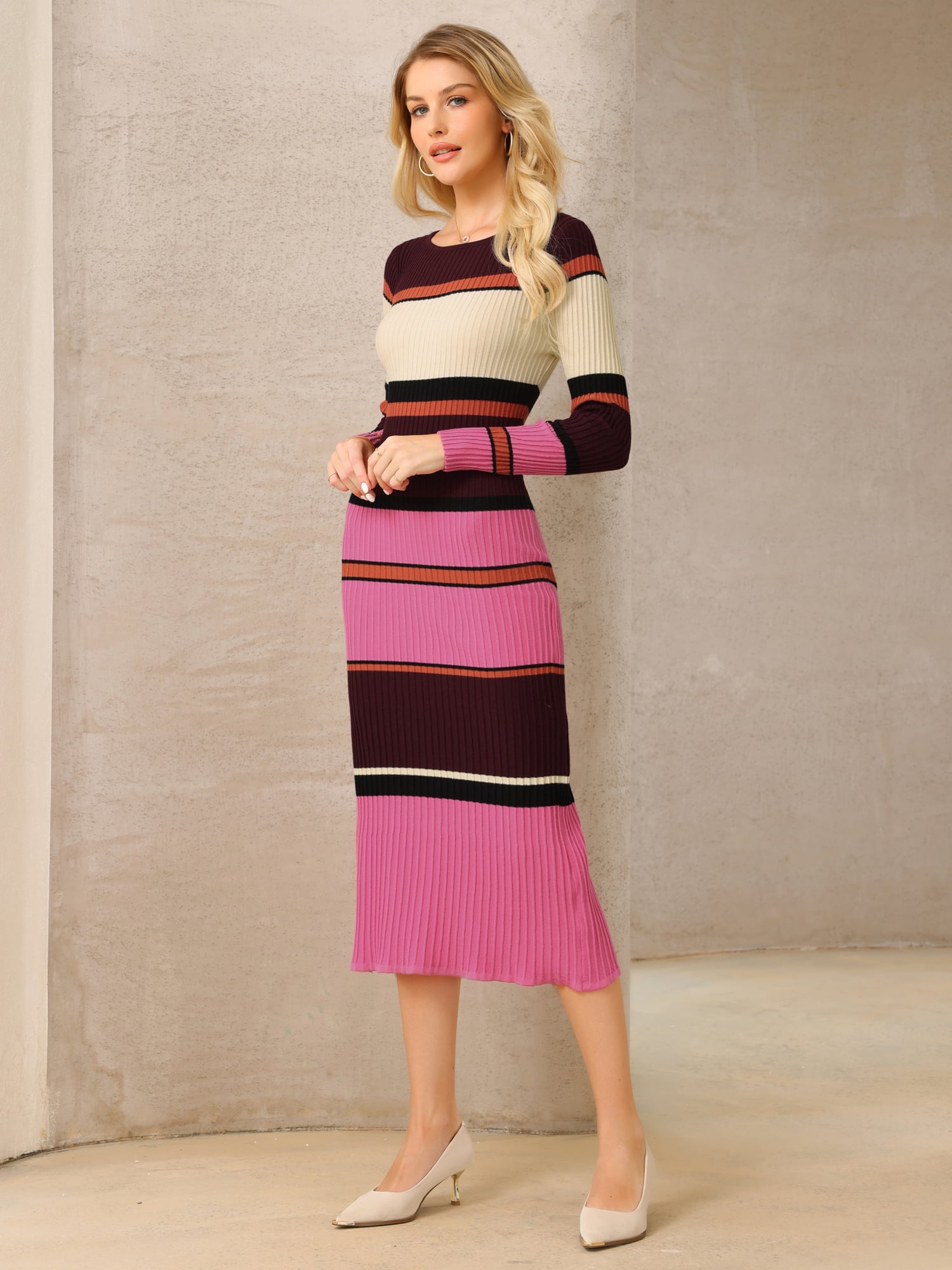 DARING DIVA Women's Striped Long Sleeve Ribbed Knit Bodycon Dress L Fushcia