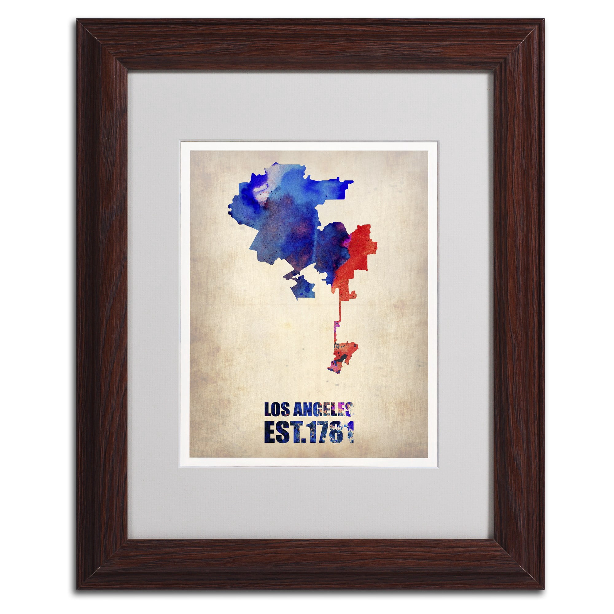 Trademark Fine Art "Los Angeles Watercolor Map 2" Matted Framed Art by Naxart, Black Frame