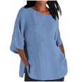 thumbnail image 2 of CHOK Linen Tops for Women Loose Fit 2023 3/4 Sleeve Crew Neck T Shirts Summer Solid Color Gauze Top Side Split Blouse Tunic Tops, 2 of 6