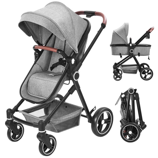 GAOMON 2 in1 Baby Stroller, High Landscape Infant Stroller, Reversible Bassinet Pram Stroller, Pushchair Adjustable Backrest, Foldable Aluminum Alloy Anti-Shock Stroller for Newborn (Light Gray)