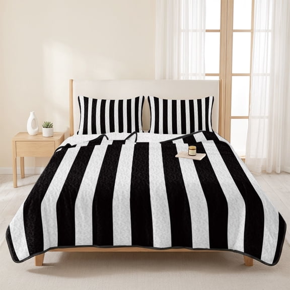 Queen Quilt Set, Black and White Stripes Lightweight Quilt Sets Summer Comforter Coverlets with 2 Pillow Shams, Modern Geometric Art Breathable 3 Piece Bedding Set for All Seasons