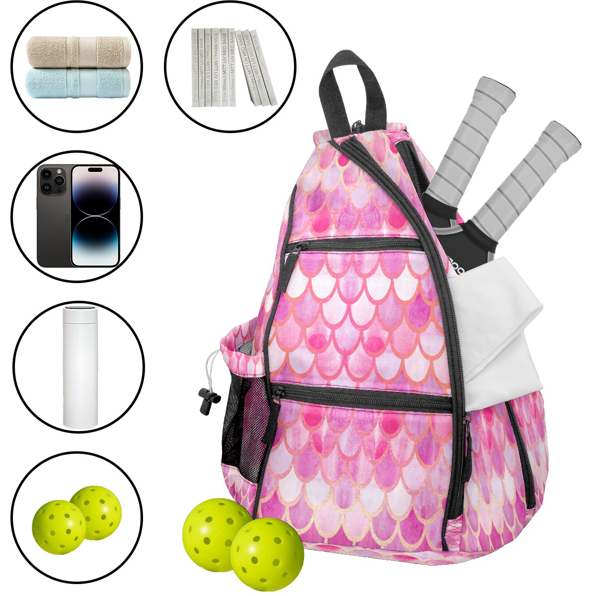 Pickleball Bags for Men Women Pickleball Backpack with Large Capacity Lightweight Adjustable Pickleball Sling Bag Hold Paddles, Balls, Accessories Pink Watercolor Mermaid Scale