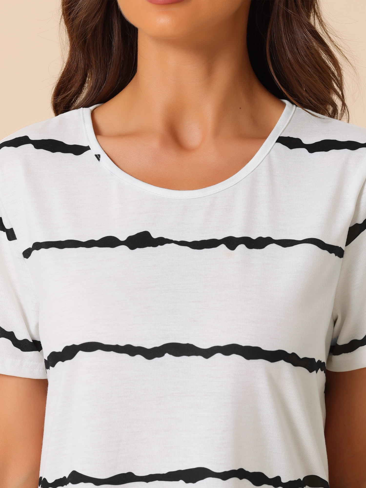 DARING DIVA Women's Round Neck Striped Short Sleeve Sleepshirt Nightgown M White