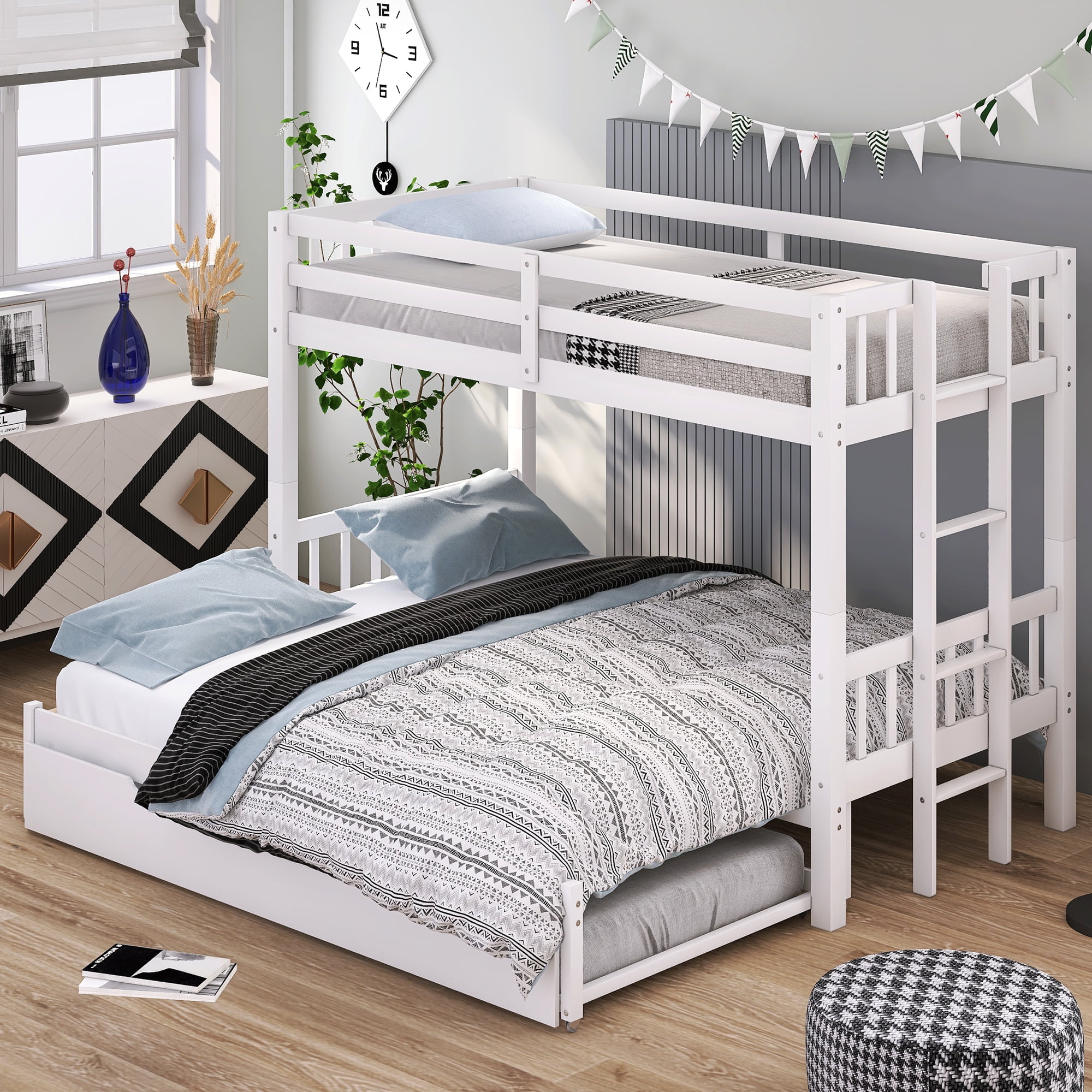 Twin over Pullout Bunk Bed with Trundle, Solid Wood Twin Over Twin