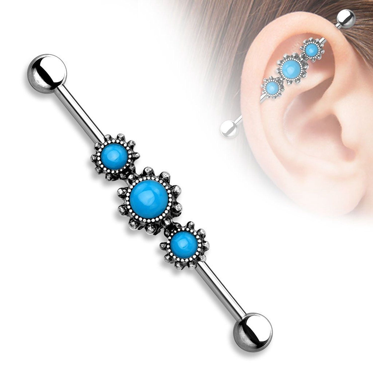 Industrial Piercing Barbells 14G with Triple Round Turquoise Centers