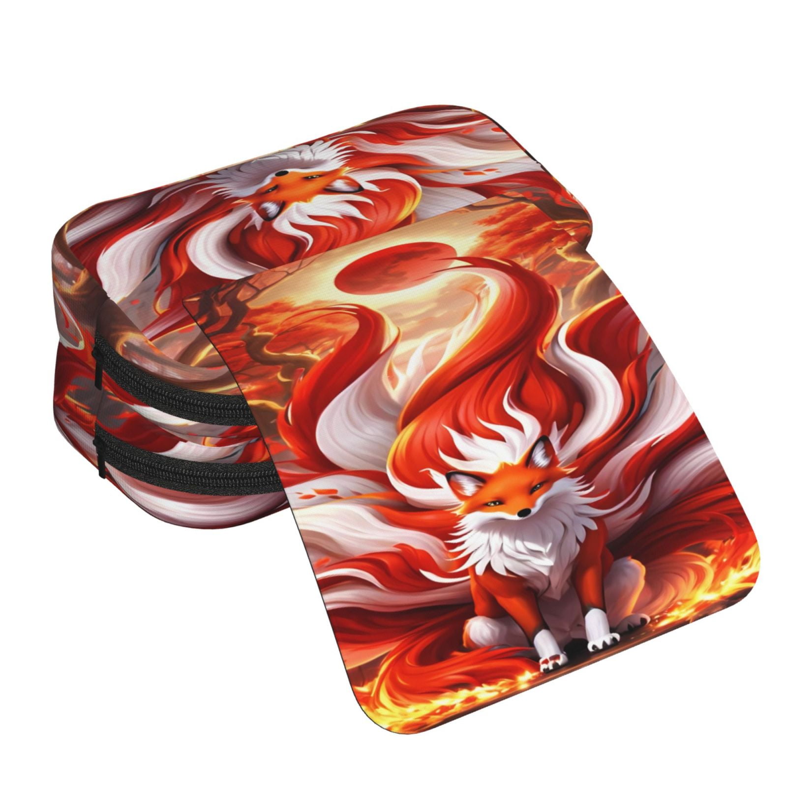 Rateoe Red Sun Flame Fox Pattern Double Clamshell Pen Case, Storage Organizer with Two Zipper Compartments– Holds Up to 50 Pencils & Pens