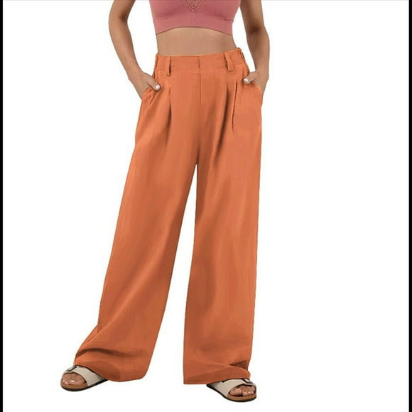 Women's Wide Leg Suit Pants Loose Fit High Elastic Waisted Business Casual Long Trousers Pants Orange Red S
