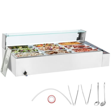 KFFKFF 9-Section Electric Buffet Server, 9 x 5QT, 1500W, Stainless Steel with Glass Lid, Adjustable Heat (86-185°F) for Catering and Restaurants, Silver