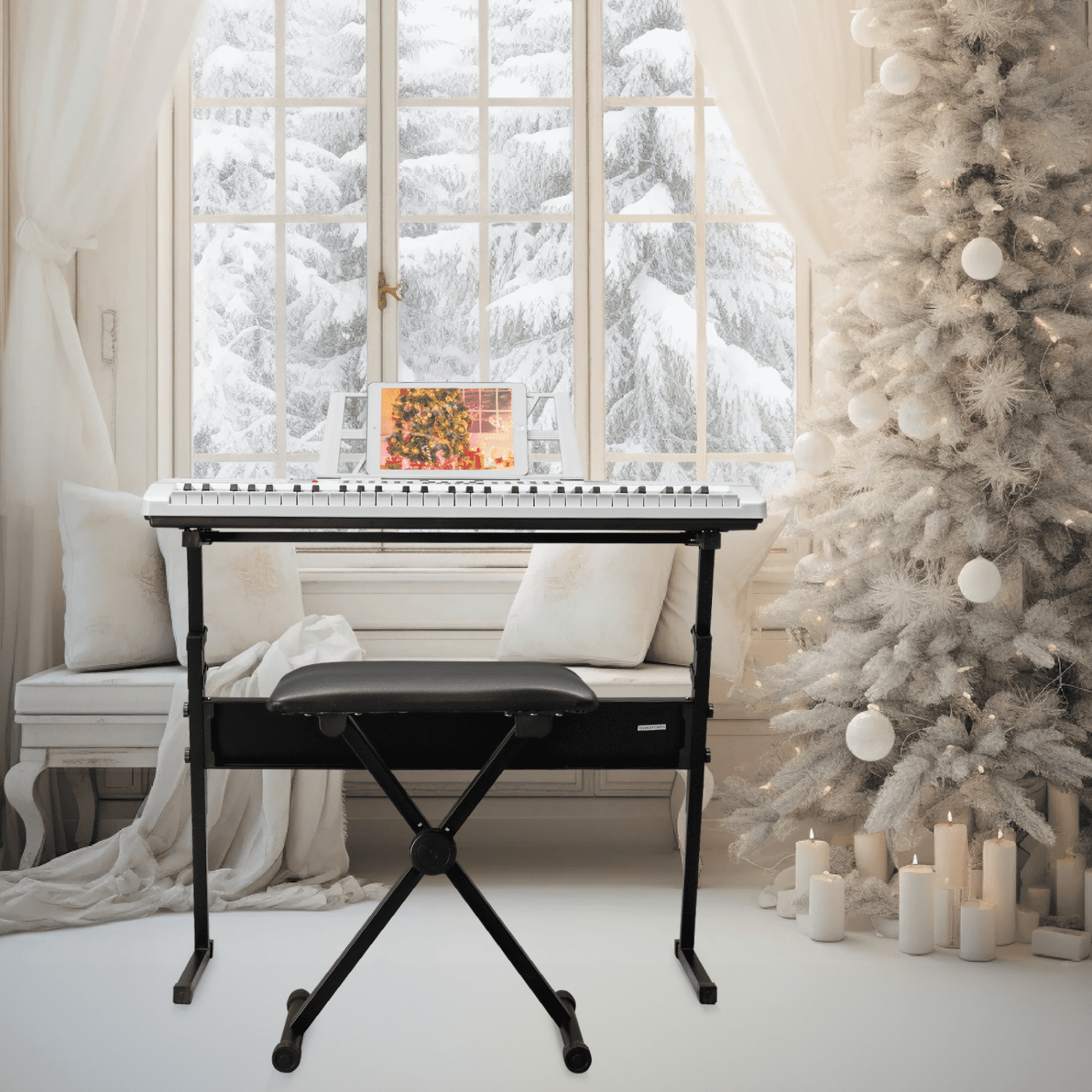 Hassch 61 Key Keyboard Piano for Beginners, Electronic Keyboard Kit with Stand, Bench, Headphone, Microphone, Built-In Speakers, Music Rest, LED Screen, 3 Teaching Modes, White