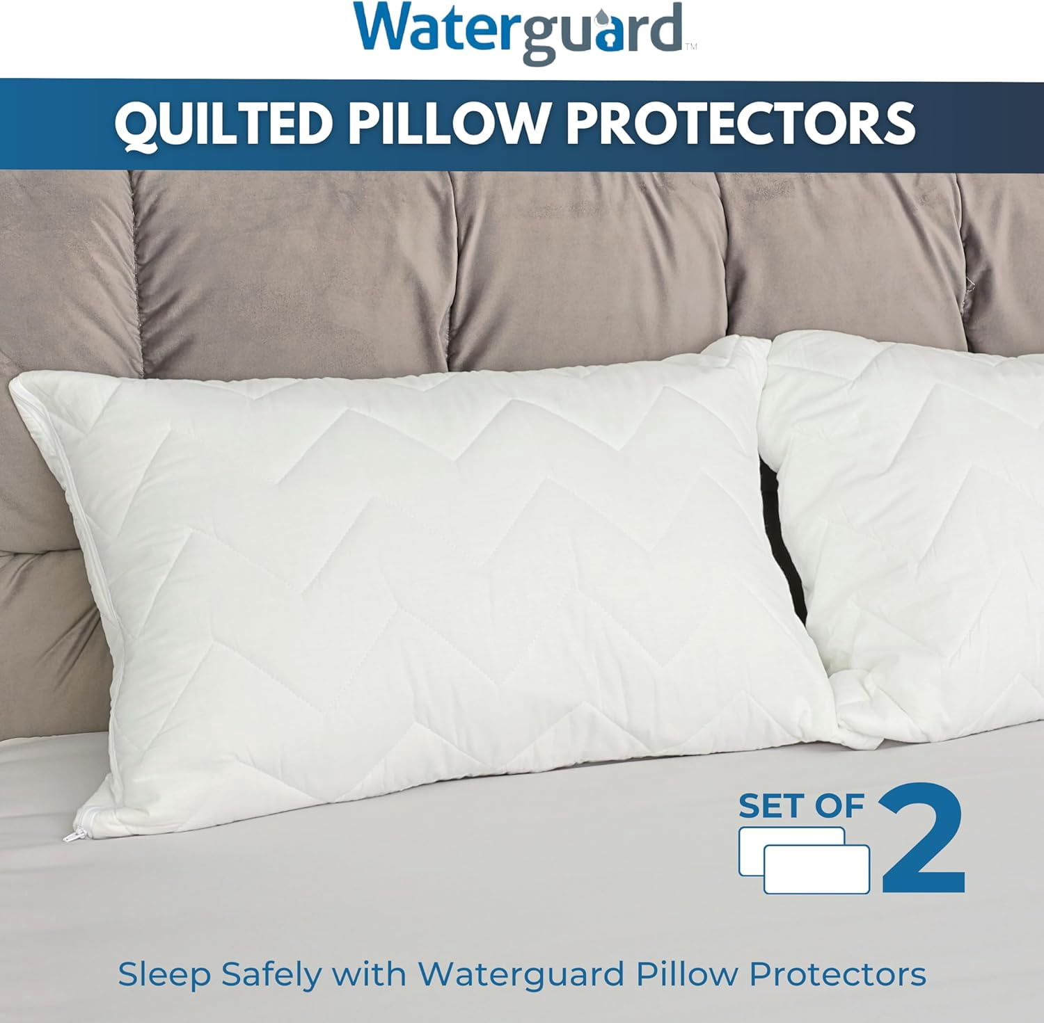 Waterguard Waterproof Pillow Protectors - Zippered Bug Proof, Quilted Thick Pillow Covers - 100% Cotton Shell Pillow Encasement - King Size (20x36) Set of 2
