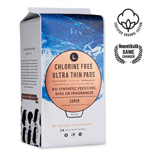 l. organic cotton & chlorinefree pads, super absorbency with ultra