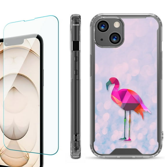 Shockproof Bumper Phone Case for iPhone 13, with Tempered Glass Screen Protector, by OneToughShield ® - Flamingo / Polygon