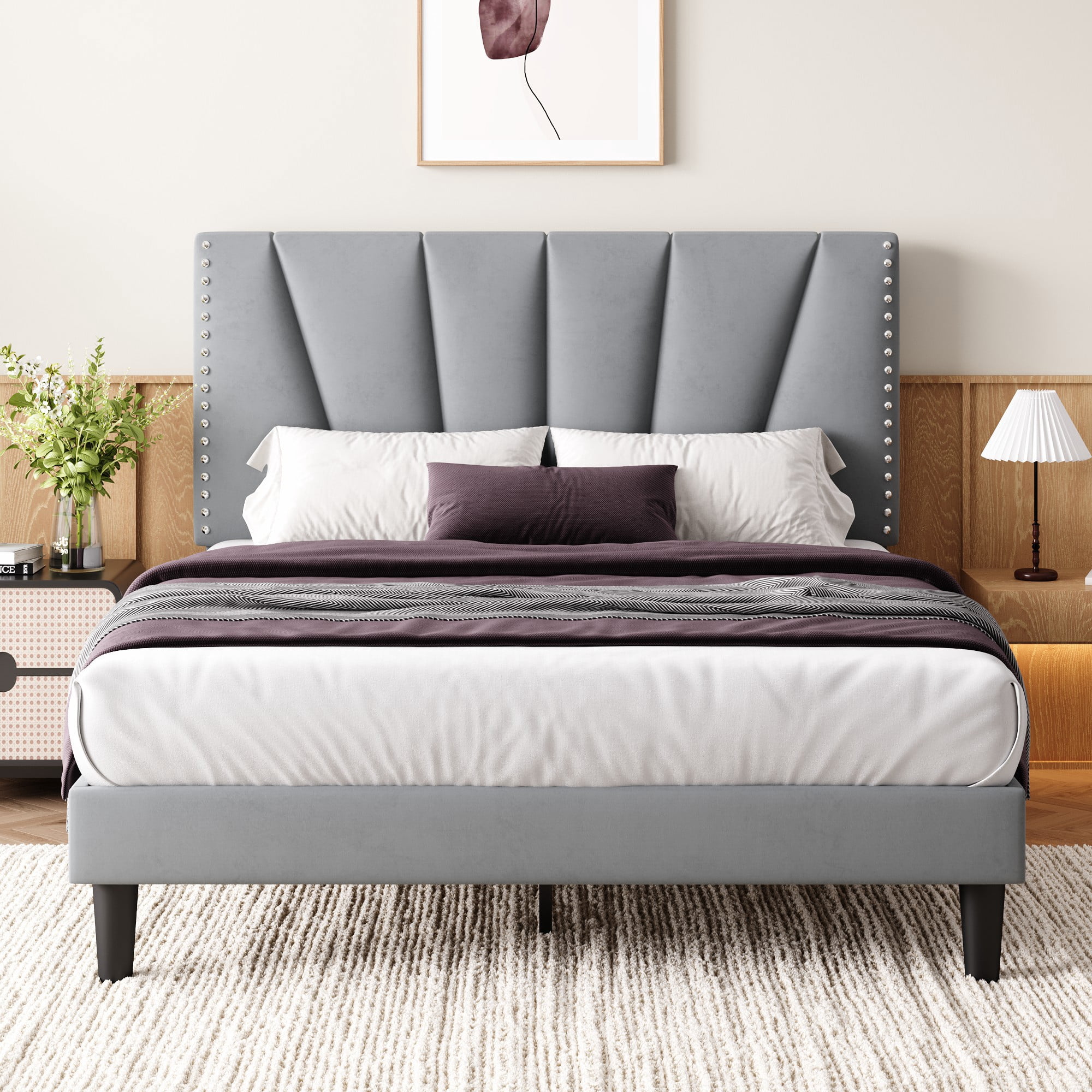 Einfach Queen Size Premium Velvet Upholstered Platform Bed Frame with Adjustable Headboard,Under-Bed Storage,Heavy-Duty Metal Support, Noise-Free Slats, Gray