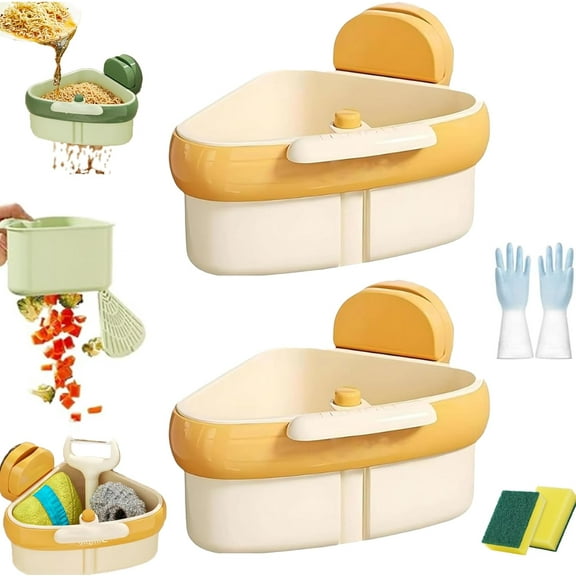 Wideous Suction Cup Sink Corner Rack, Curetoaway Sponge Holder for Kitchen Sink, Triangular Sinks Basket Shelf Automatic Dumping with Suction Cup, Food Catcher for Sink with Fine Mesh Drain Hole(2MIX