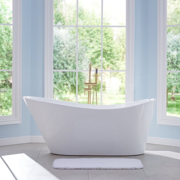 ANGELES HOME 67" x 31-1/2" Acrylic Freestanding Bathtub Contemporary Soaking White Tub with Chrome Overflow and Drain