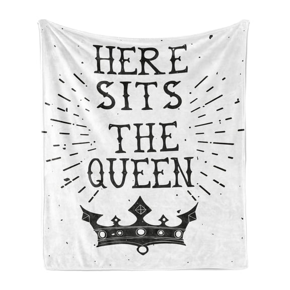 Queen Soft Flannel Fleece Blanket, Vintage Grunge Here Sits the Queen Words Antique Crown Royalty Theme Hipster, Cozy Plush for Indoor and Outdoor Use, 60" x 80", Charcoal Grey White, by Ambesonne