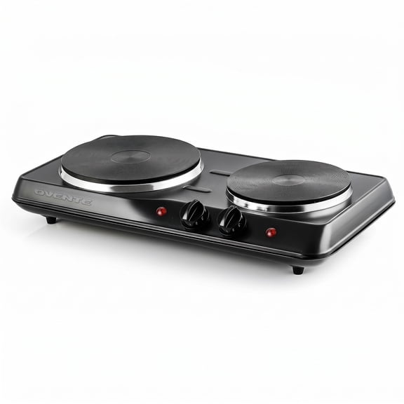 OVENTE Electric Cast Iron Double Burner, 1700W Hot Plate, Black BGS102B | 7.25" & 6.10" Portable Countertop Cooktop, Metal Housing, 5 Level Temperature Control, Indicator Light, Easy-to-Clean