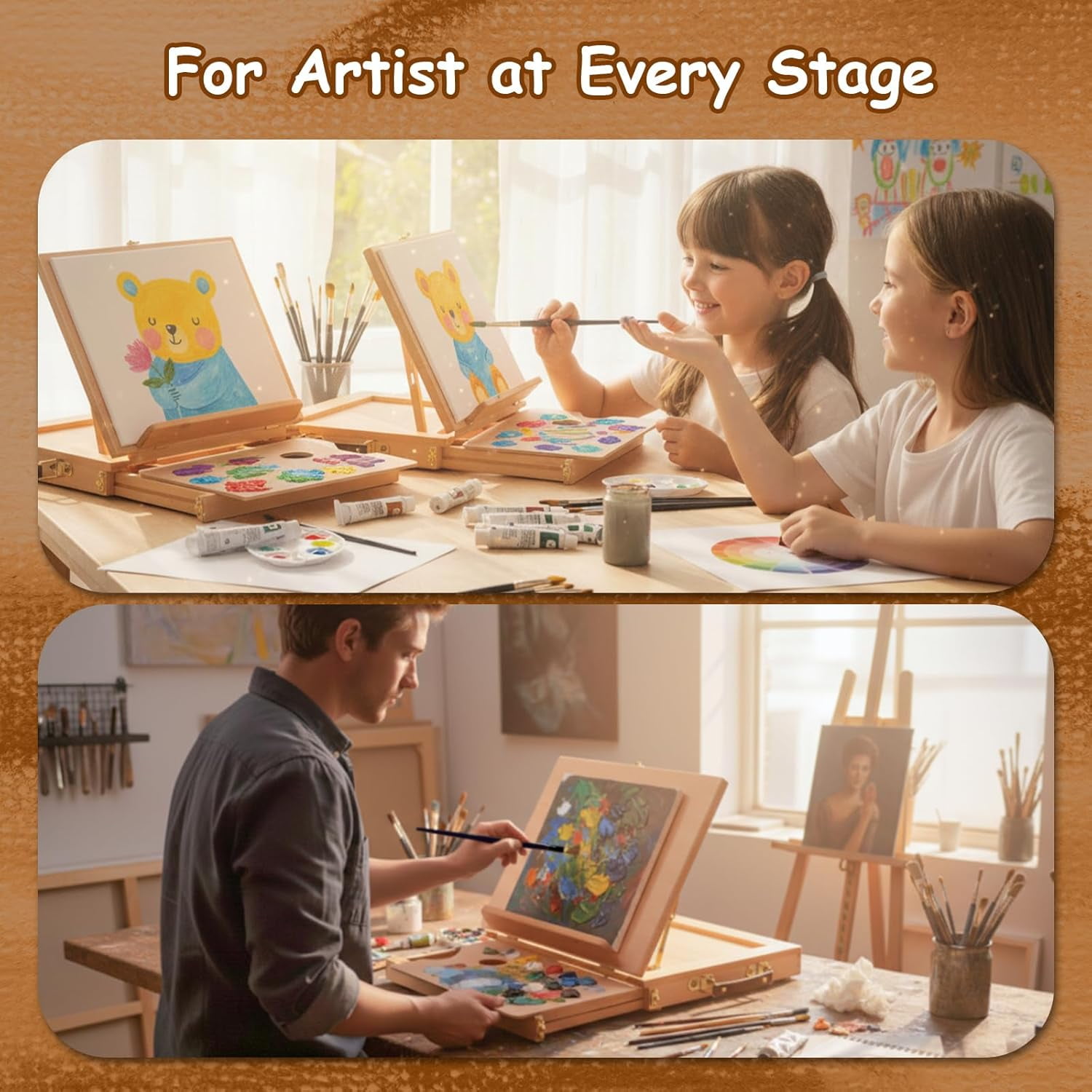 LAVFOX 29-Piece Acrylic Paint Set with Tabletop Wood Easel, Complete Painting Kit with 12 Colors, Canvas Panels, Brushes, and Palette for Artists, Gift Set