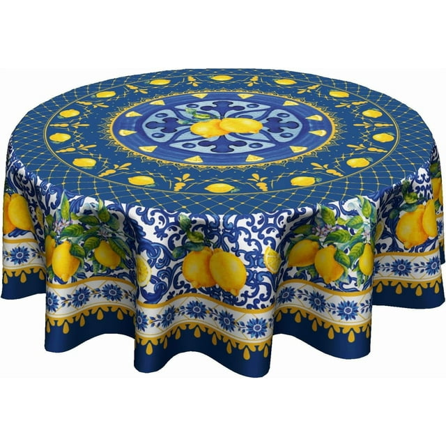 Blue Lemon Tablecloth Round 60 Inch Boho Floral Fabric Table Cover Washable Waterproof Table Cloth for Kitchen Dining Picnic Party Decor