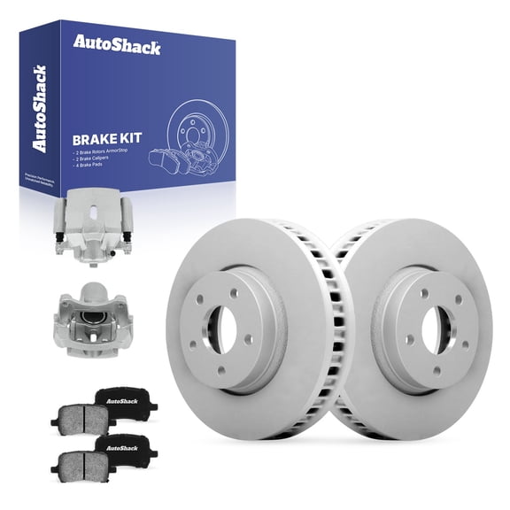 AutoShack Front Brake Rotors, Ceramic Pads & Calipers for Chevrolet & Pontiac, Malibu 2004-2012 G6 2006-2010, FWD L4 2.2L 2.4L V6 3.5L 3.6L 3.9L - Coated - ArmorStop - 11.65" (296 mm), 5-Lug